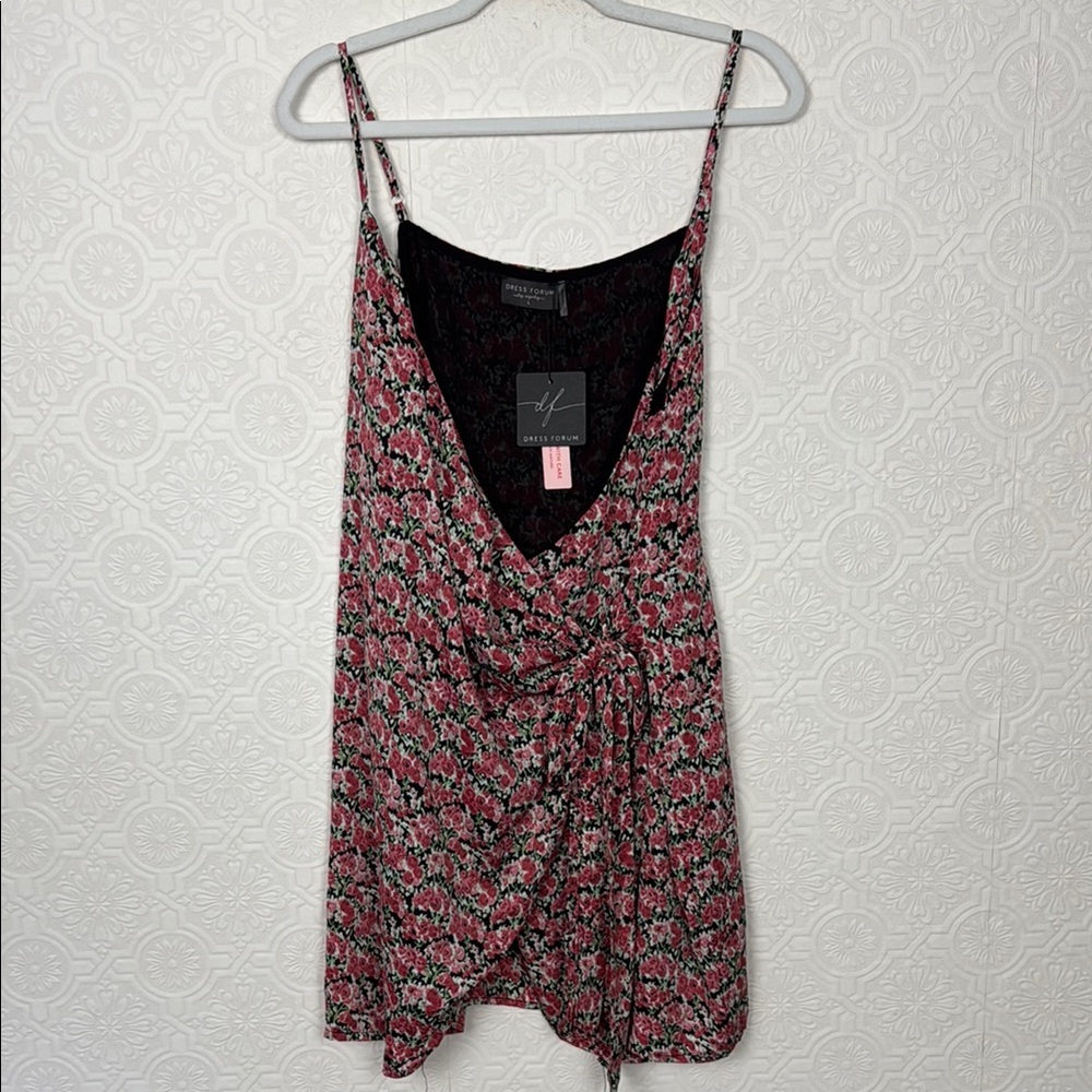 NWT Dress Forum Wrap Ditsy Floral Mini Dress Large Pink Black Summer Spring